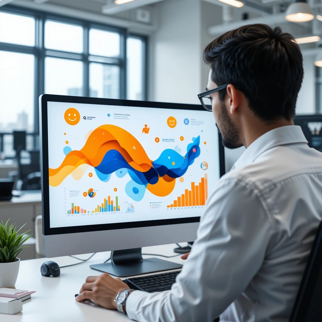 R&D engineer analyzing AI-driven data visualizations, including sentiment analysis icons, trend curves, and topic extraction, in a modern office environment.